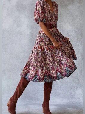 Anthropologie Conditions Apply Puff-Sleeve Tiered Midi Dress Sz 8 Floral Boho